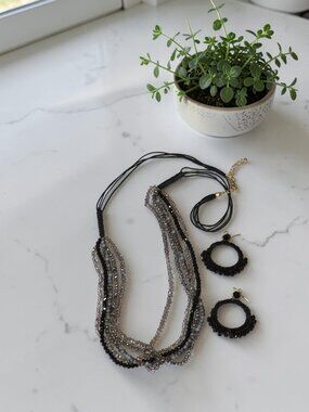 Black and Gray Beaded Necklace with Black Beaded Earrings Set - New